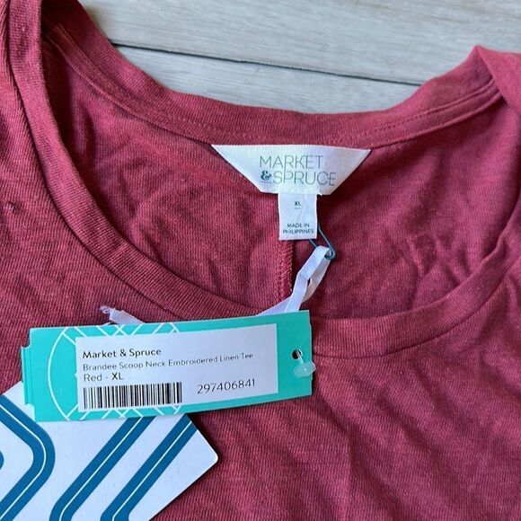 Market & Spruce Brandee Scoop Neck Embroidered Linen Tee Red XL NWT - Picture 7 of 7